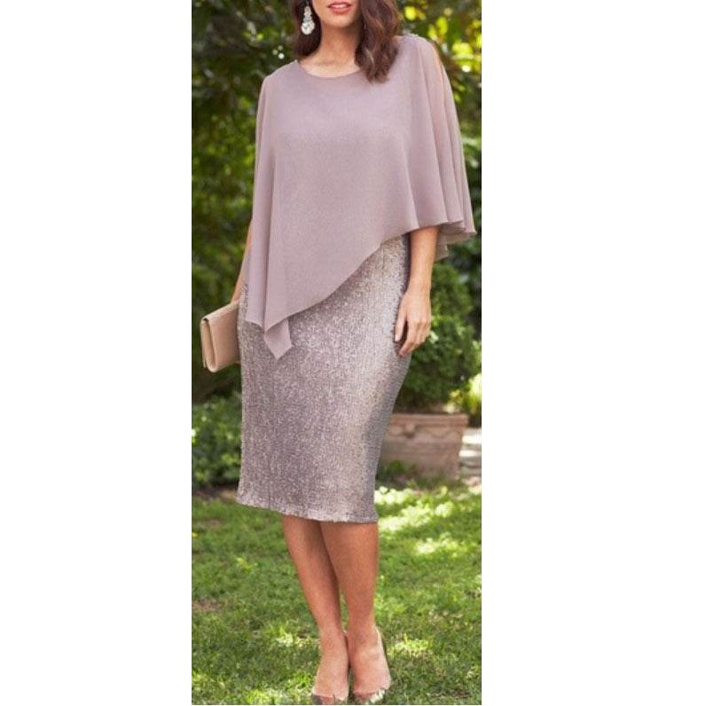 European And American Plus Size Solid Color Chiffon Fake Two-piece Slim Fit Sheath Sexy Party Formal Dress Women - Mubimart