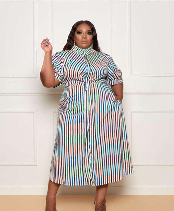 Striped Contrast Printing Long-Sleeved Shirt Plus Size Dress - Mubimart -  