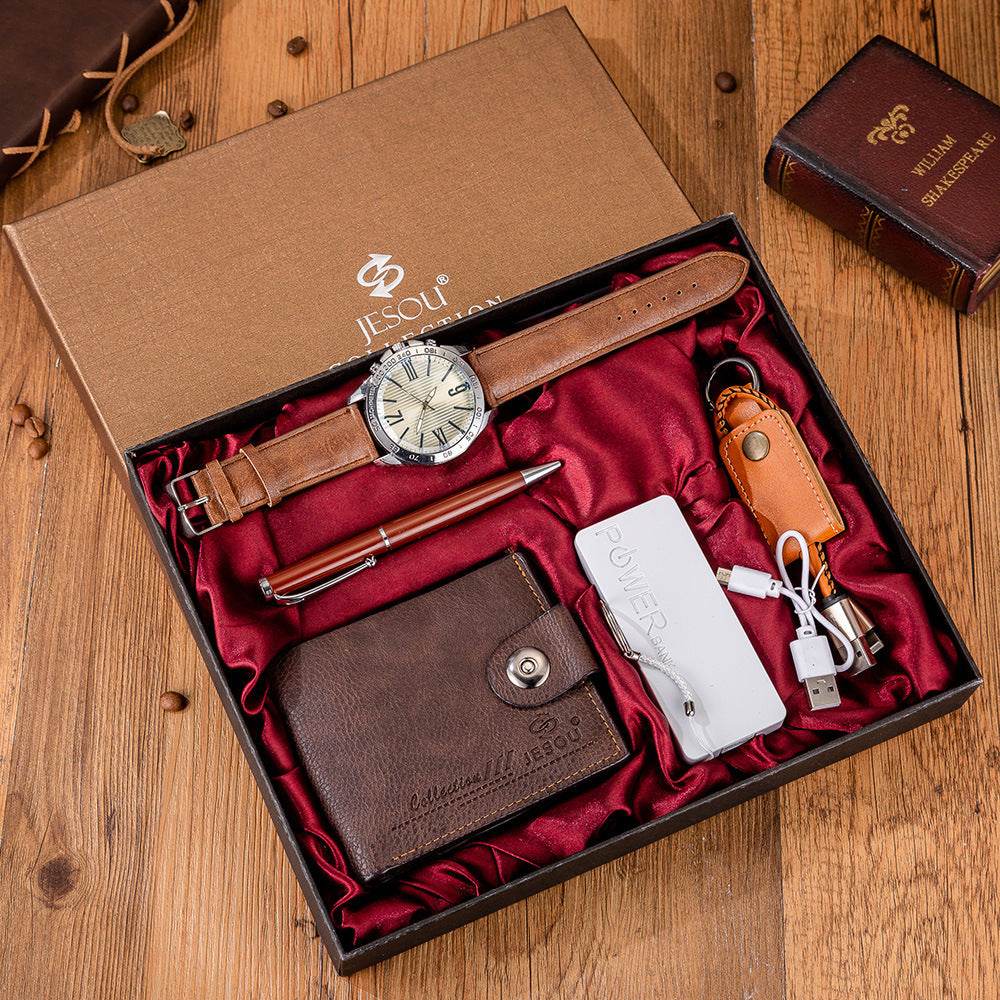 Mens Boutique Gift Set Wallet Power Bank Keychain Large Dial Quartz Watch - Mubimart
