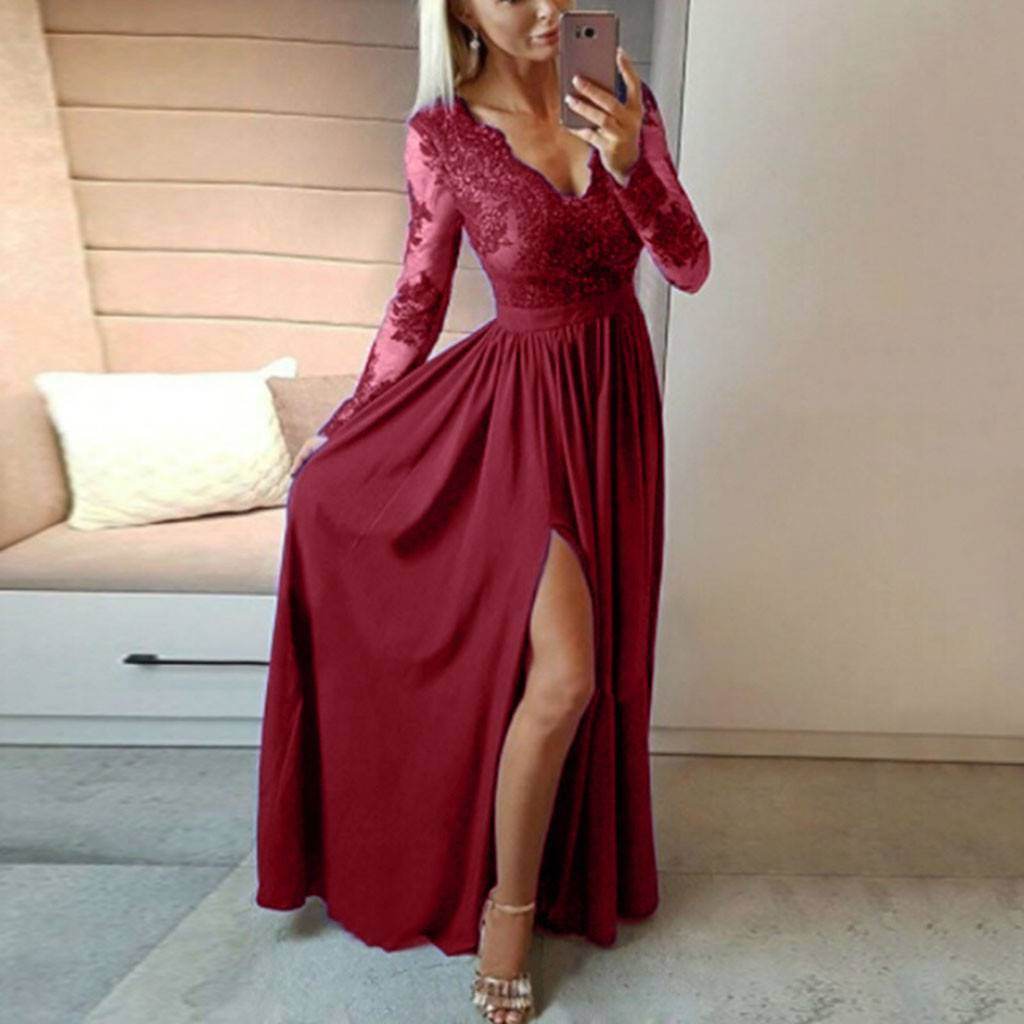 Women V-neck Sexy Lace Elegant Wedding Party Dresses - Mubimart