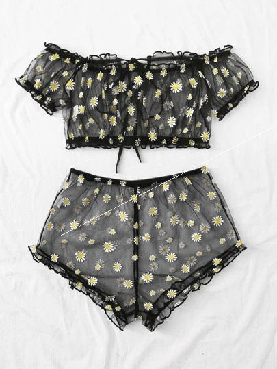 Women's Mesh Printed Lingerie Set - Mubimart -  