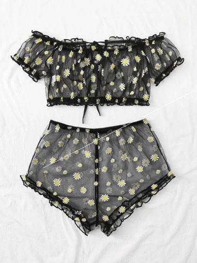 Women's Mesh Printed Lingerie Set - Mubimart
