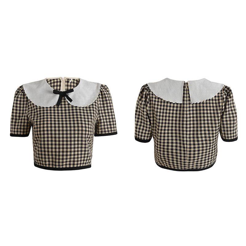 Doll Collar Plaid Crop Top Women High Waist Skirt - Mubimart