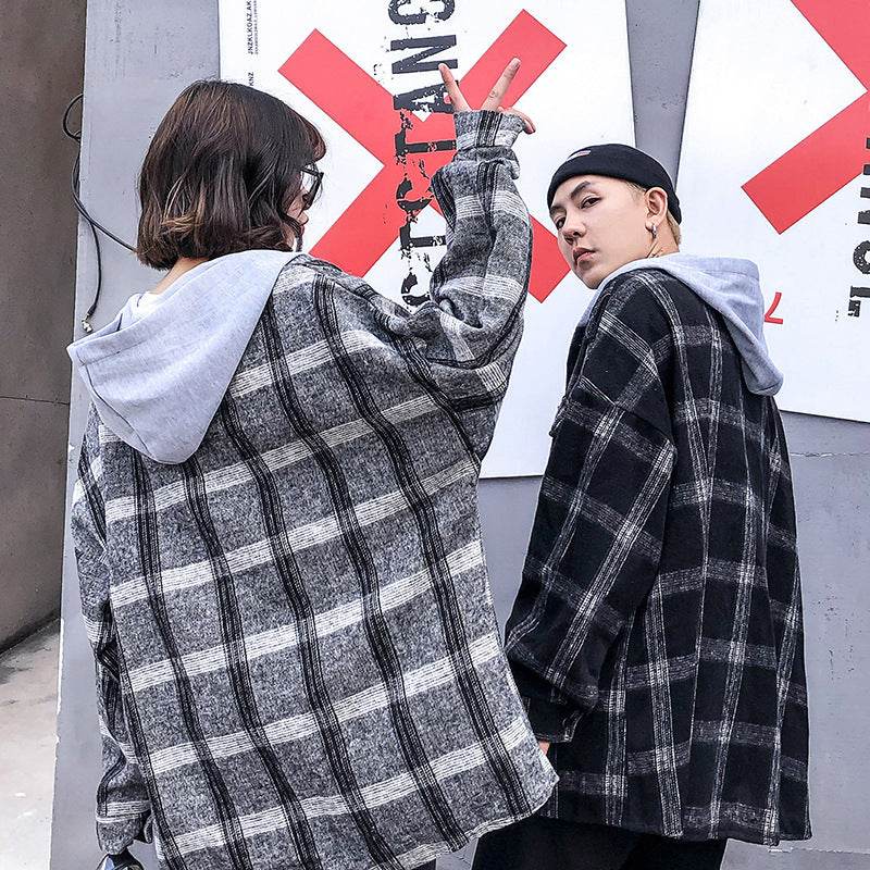 Couple plaid shirt hooded jacket - Mubimart