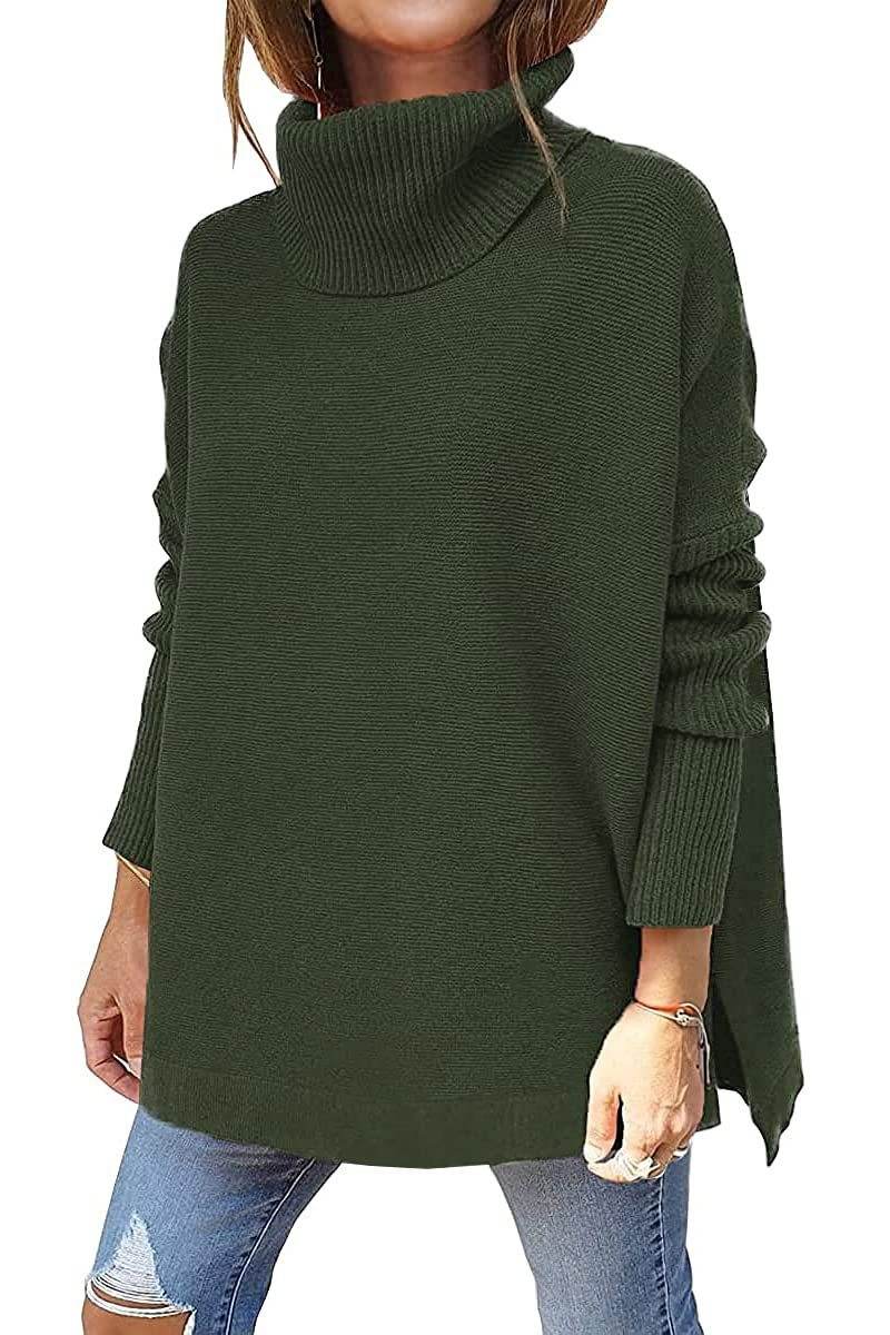 Turtleneck Sweater Mid Length Batwing Sleeve Slit Hem Tunic Pullover Sweaters Winter Tops Women Clothing - Mubimart