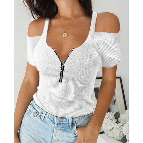 Plus Size Short Sleeve Zipper Short T-Shirt - Mubimart