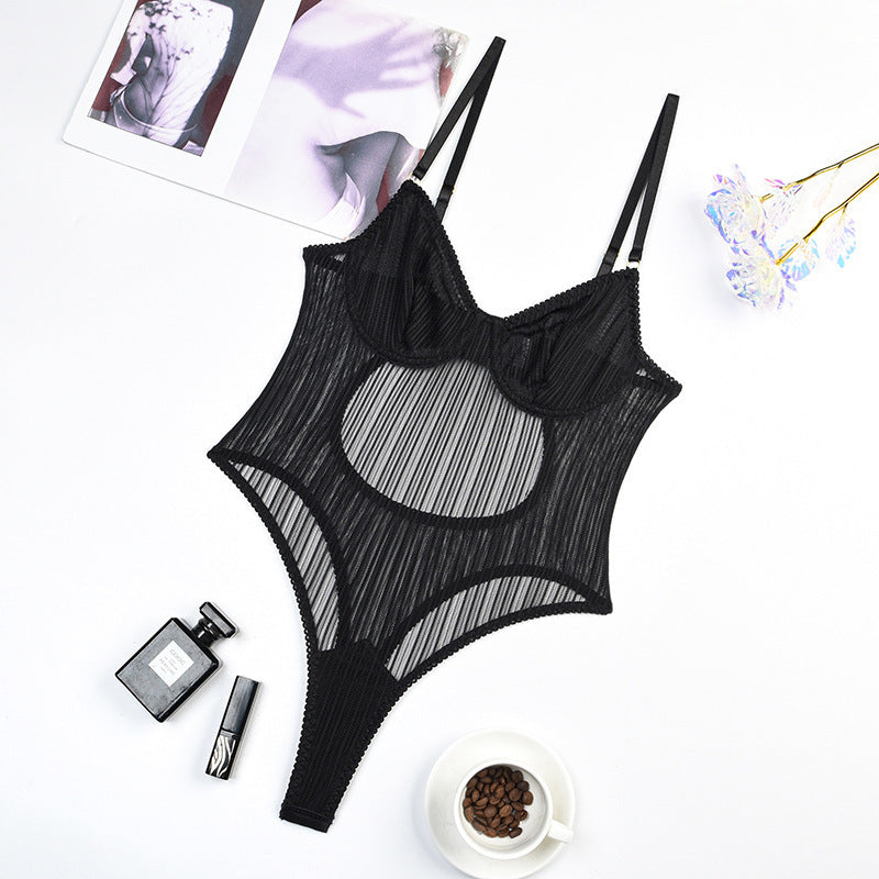 Steel Ring Gathered See-through Striped Mesh Shapewear Bodysuit - Mubimart -  