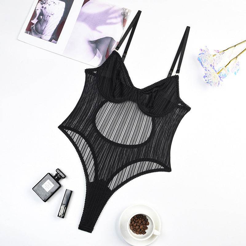 Steel Ring Gathered See-through Striped Mesh Shapewear Bodysuit - Mubimart