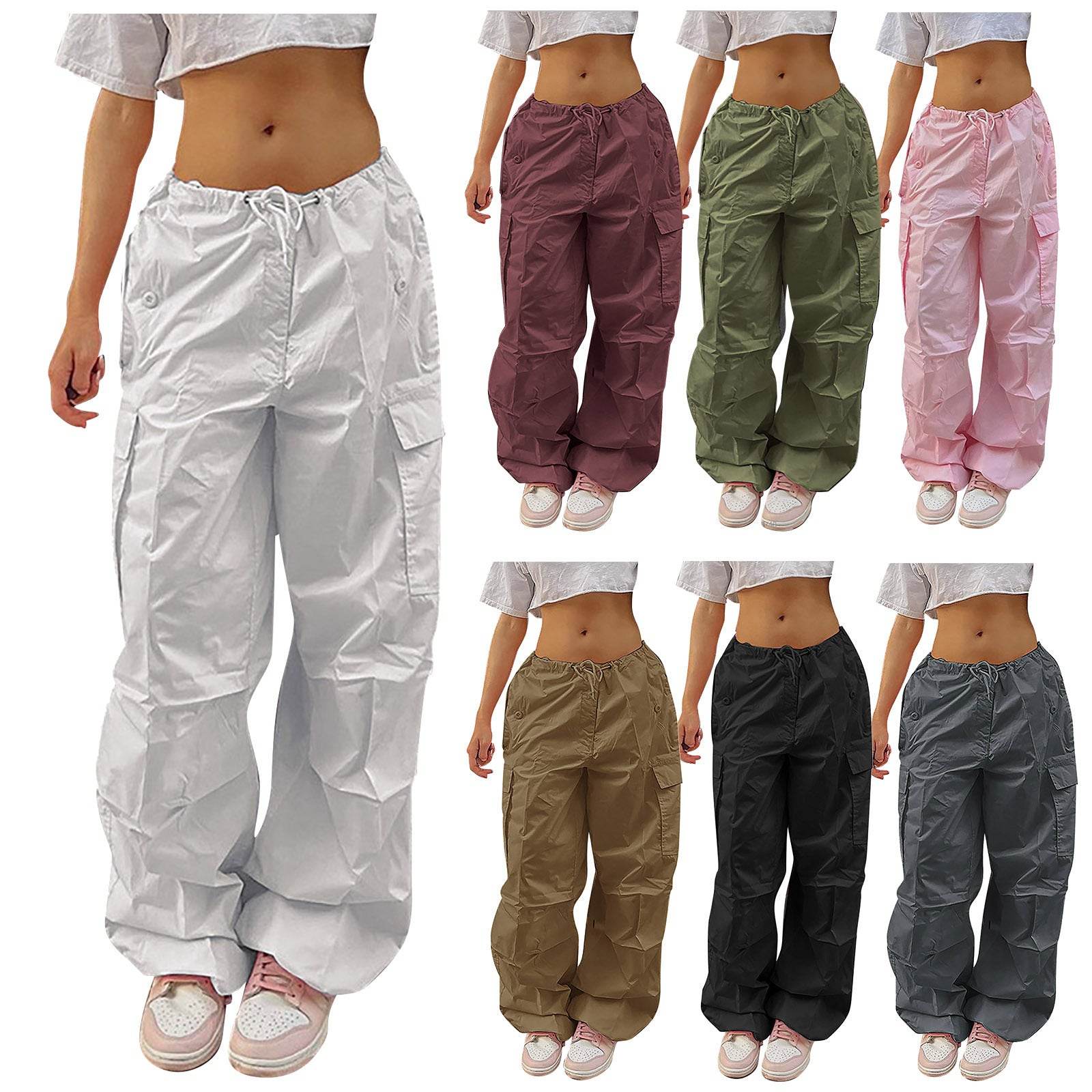 Casual Cargo Pants For Women Solid Color Drawstring Pocket Design Fashion Street Trousers Girls - Mubimart