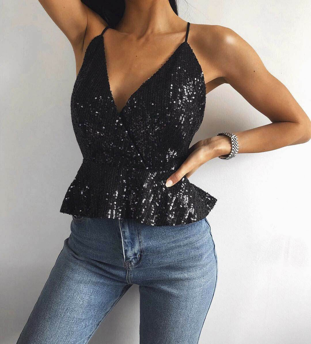 Women Sexy Luxury Sequined Crop Top Peplum Sleeveless Cropp - Mubimart