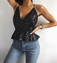 Women Sexy Luxury Sequined Crop Top Peplum Sleeveless Cropp - Mubimart - Crop Top 