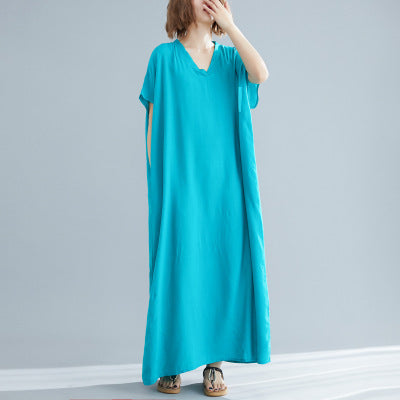 Plus Size Women's Bohemian V-neck Cotton Dress Solid Color Robe - Mubimart -  