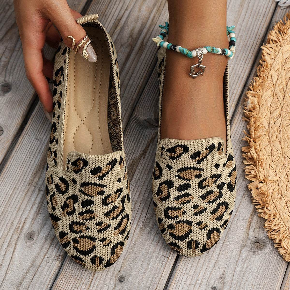 Slip-on Leopard Print Round Toe Flat Bottom Work Shoes - Mubimart