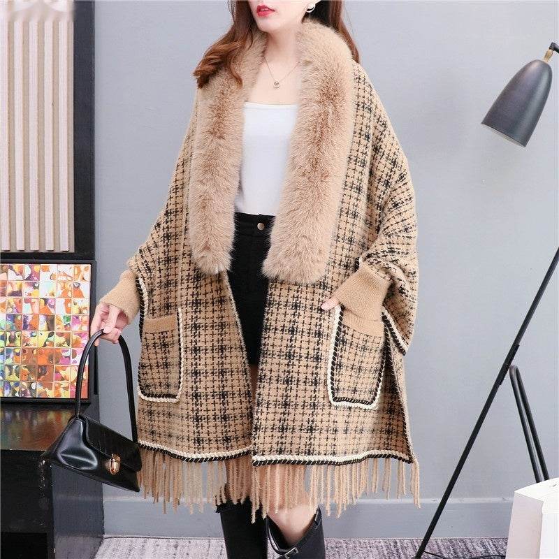 Autumn And Winter New Imitated Mink Cashmere Fur Collar Cape And Shawl Plus Size Tassel Knitted Cardigan - Mubimart