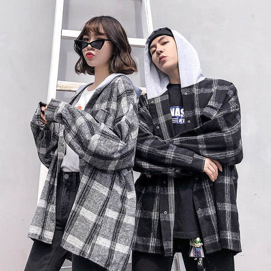 Couple plaid shirt hooded jacket - Mubimart