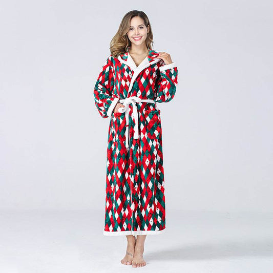 Christmas Sleepwear Women Fleece Hooded Bathrobe Plush Long Robe Winter - Mubimart