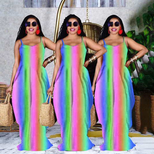 Rainbow Print Loose Slip Dress Maxi Dress - Mubimart