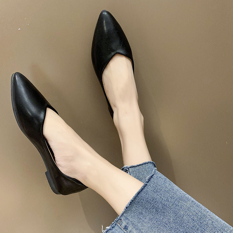 Summer New Pointed Flat Heels Black Leather Shoes Work Shoes Women's Shoes