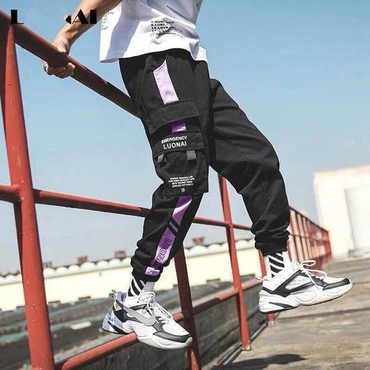 Loose casual cargo pants with velcro straps - Mubimart