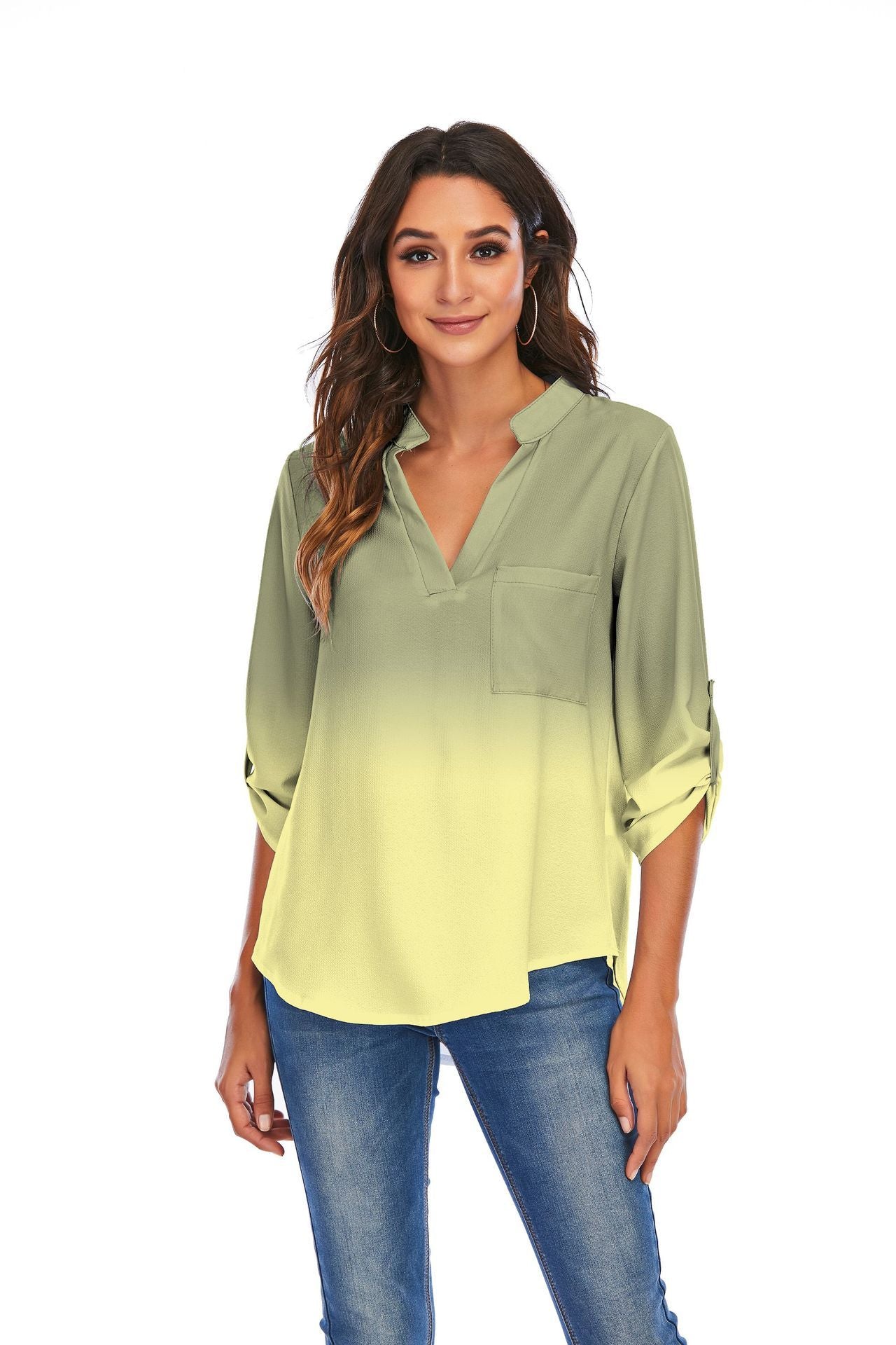 Print Gradient Blouses Women V-Neck Pockets Loose Shirts - Mubimart -  