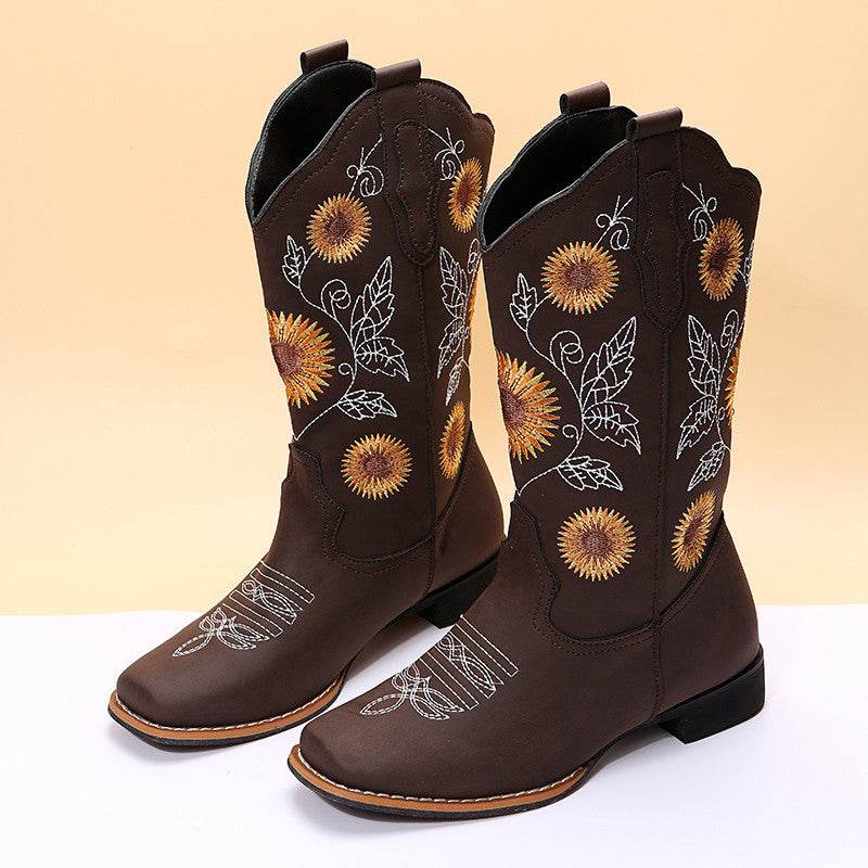 Cowboy Boots Women Sunflower Embroidery Shoes Low Heel Western Boot - Mubimart