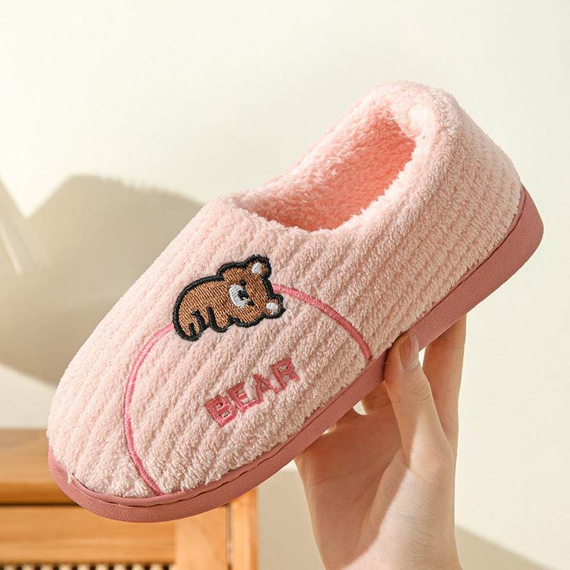 Women's Bear Fuzzy Slippers Casual Non Slip Household Walking Shoes For Home Winter - Mubimart