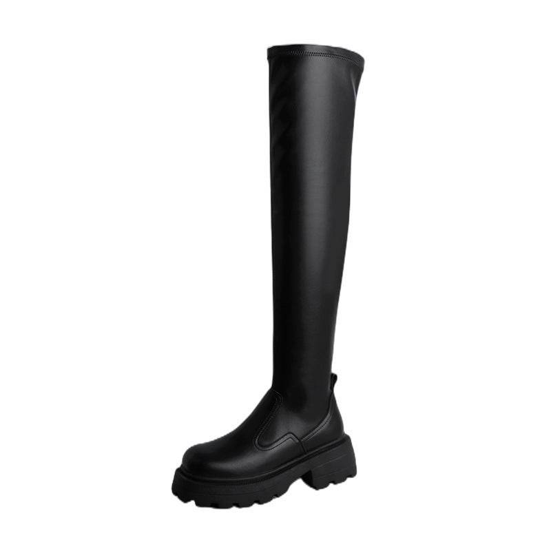 Leather Platform Elastic Over-the-knee Boots - Mubimart
