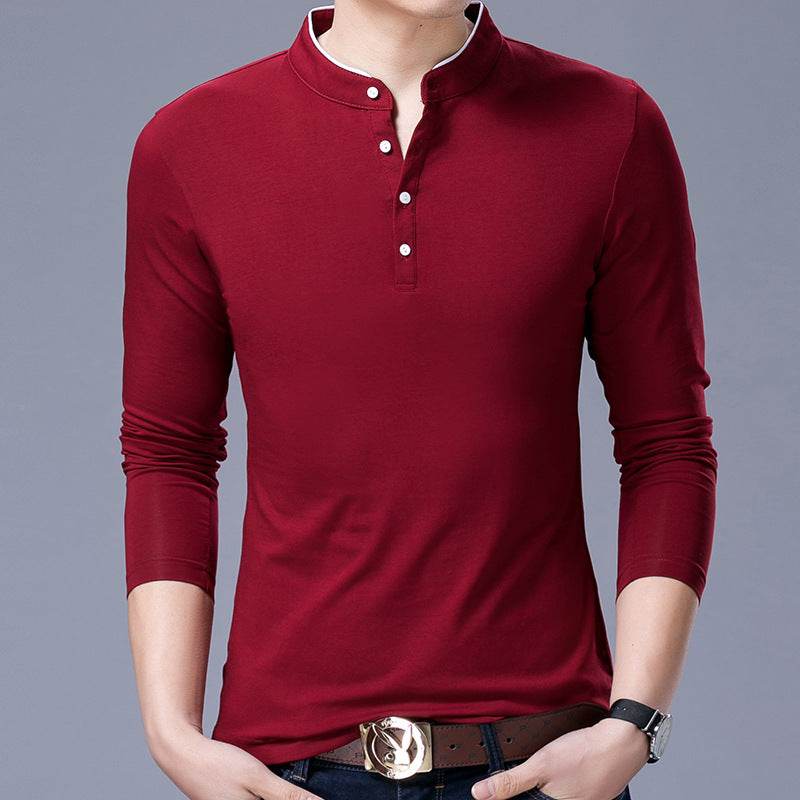 Mens Coton Stand Collar Long Sleeve T-Shirt - Mubimart