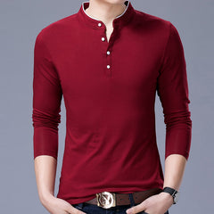 Mens Coton Stand Collar Long Sleeve T-Shirt