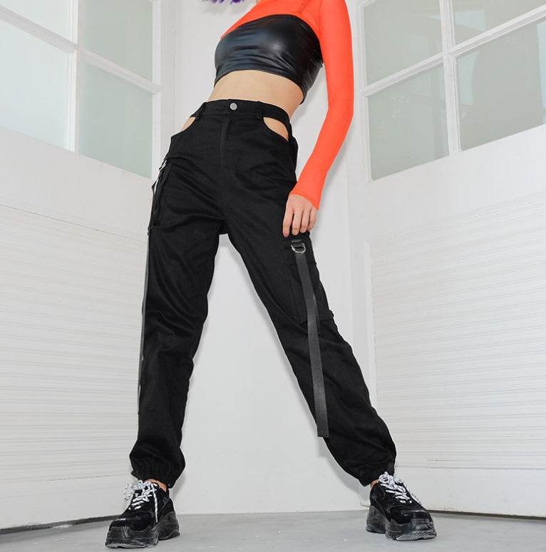 Women Black High Waist Pencil Pants Pockets Patckwork Hollow Out Pants Fashion Women Streetwear Cargo Pants Women Pants - Mubimart