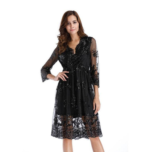 Simplee V long neck party dresses women sexy mesh streetwear Christmas MIDI dress female autumn dress - Mubimart