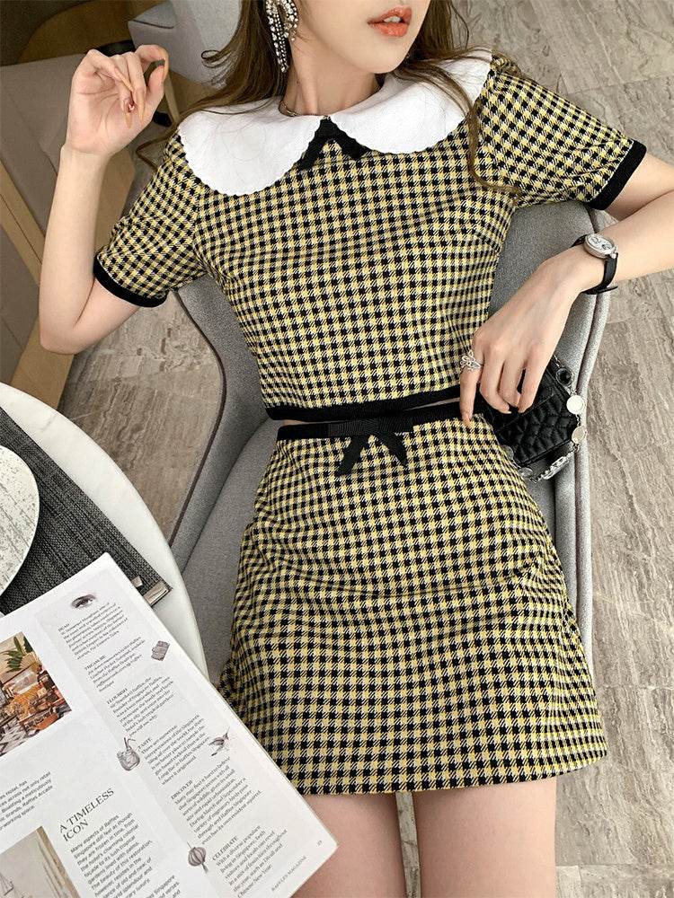 Doll Collar Plaid Crop Top Women High Waist Skirt - Mubimart