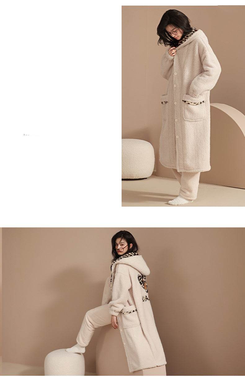 Korean Hooded Warm Female Long Robe Pajamas Plus Velvet - Mubimart