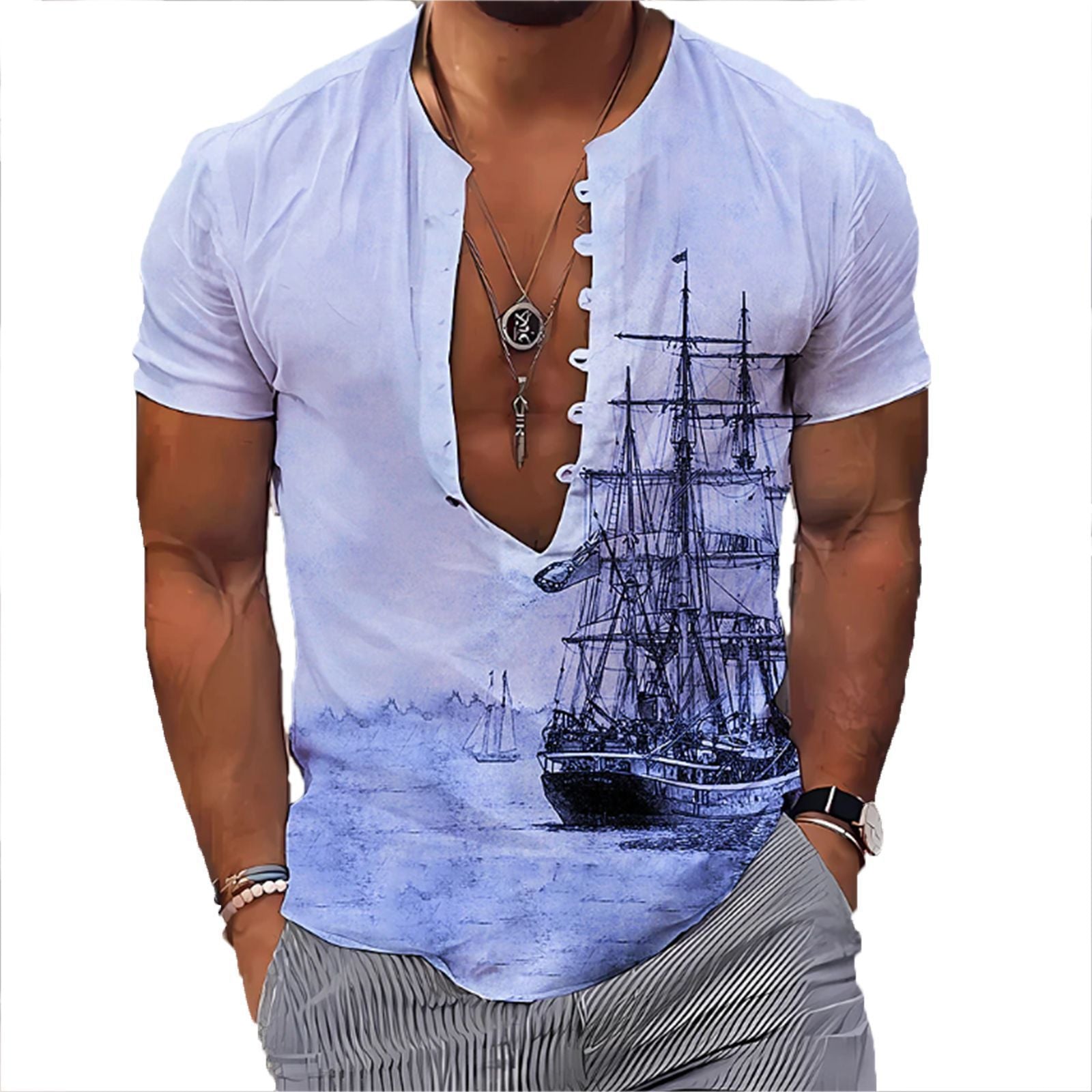 Men's Fashion 3D Vintage Print Sailboat Stand Collar Long Sleeve Button-down Shirt