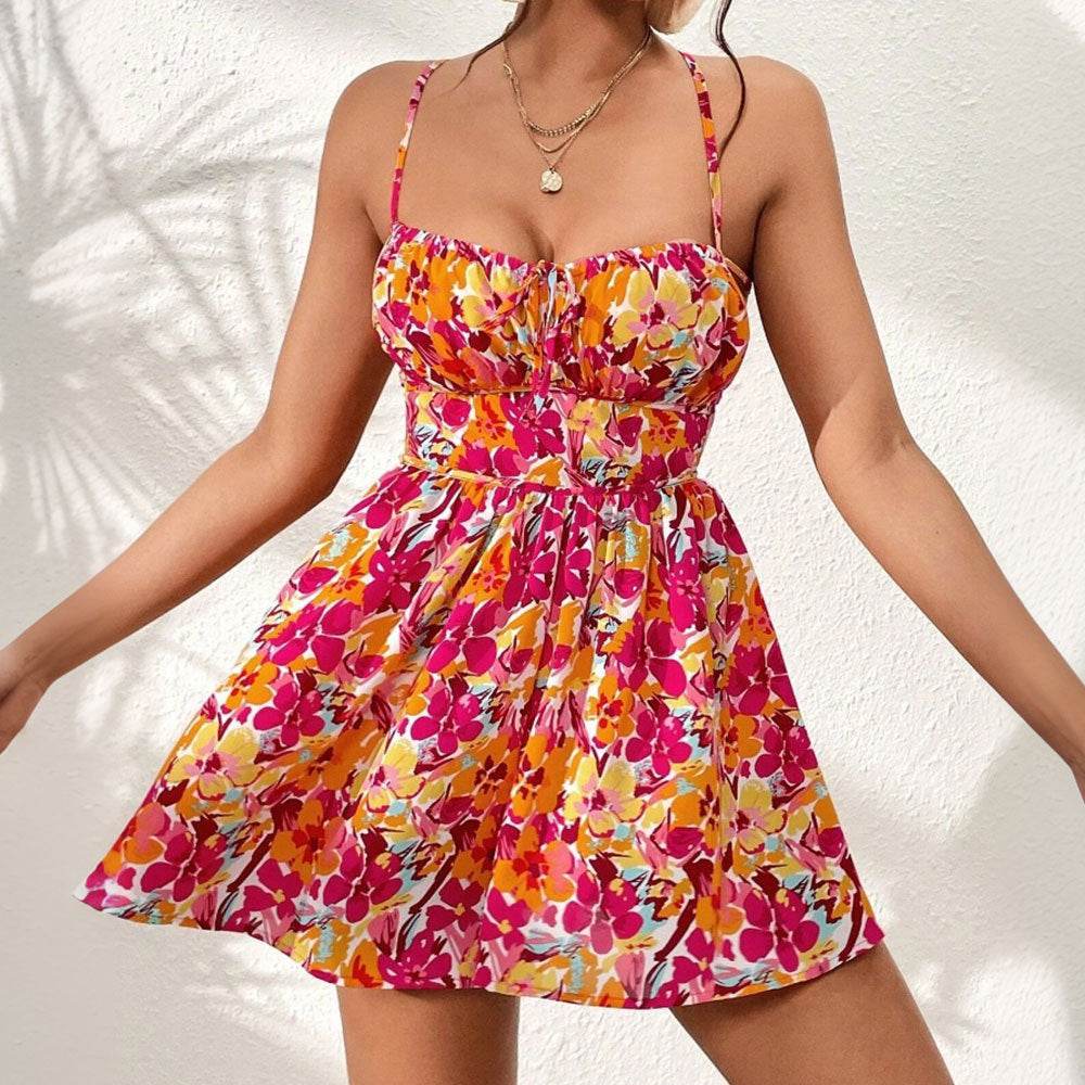 Women's Floral Print Dress Summer Lace-up Back Seaside Holiday Short Dresses - Mubimart