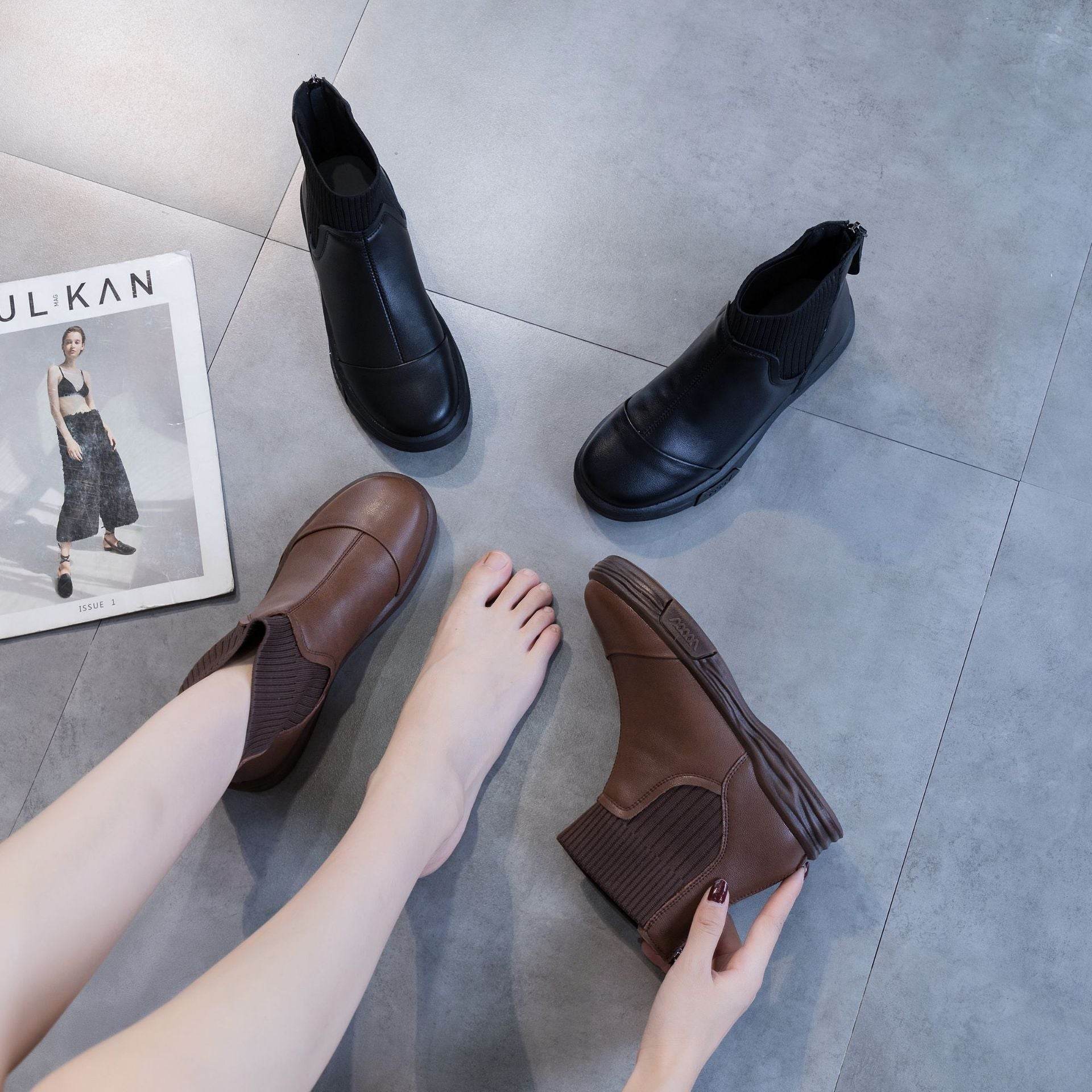 Flat Vintage Elastic Booties All-matching Fleece-lined Ankle Boots - Mubimart