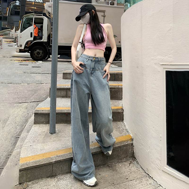 Retro Washed Loose Wide Leg Jeans For Women - Mubimart