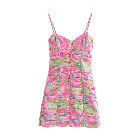 Pleated Design Printing Slip Dress Women's - Mubimart