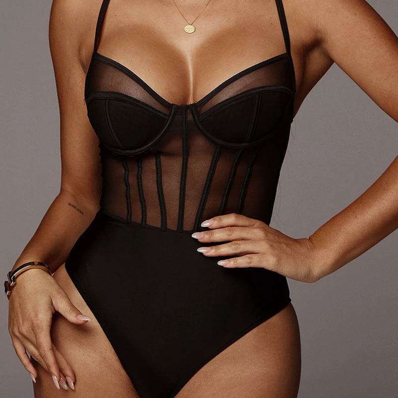 Mesh hollow bodysuit - Mubimart