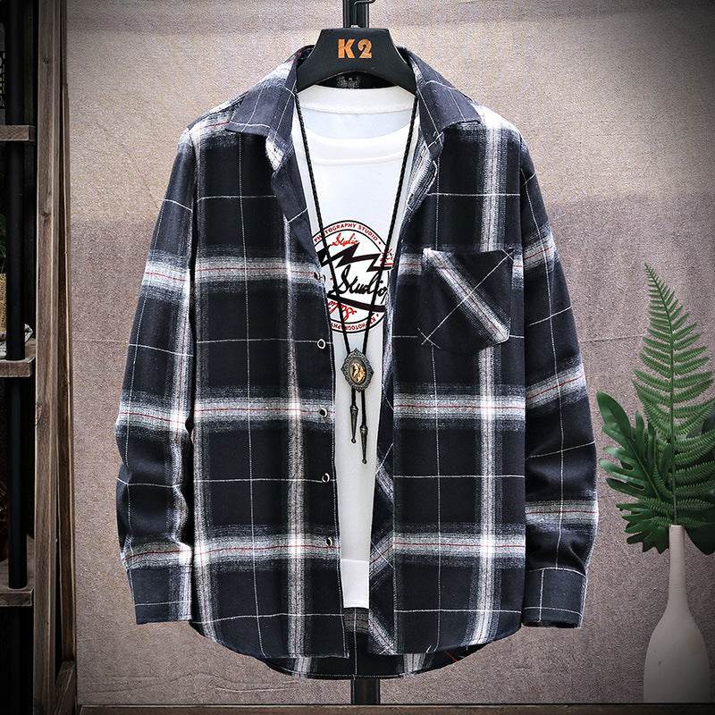 Flannel Brushed Plaid Slim Fit Long Sleeved Shirt - Mubimart