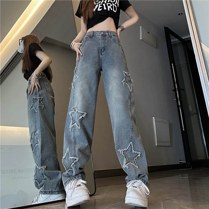 Blue XINGX Embroidered Jeans Women Loose Straight-leg Wide-leg Pants - Mubimart