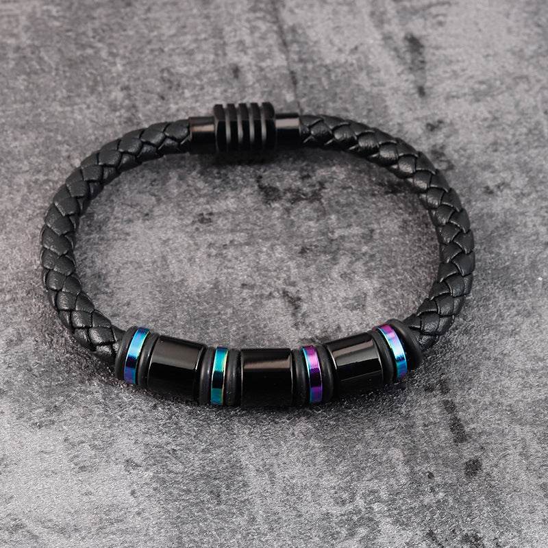 Mens Leather Titanium Steel Simple Bracelet - Mubimart