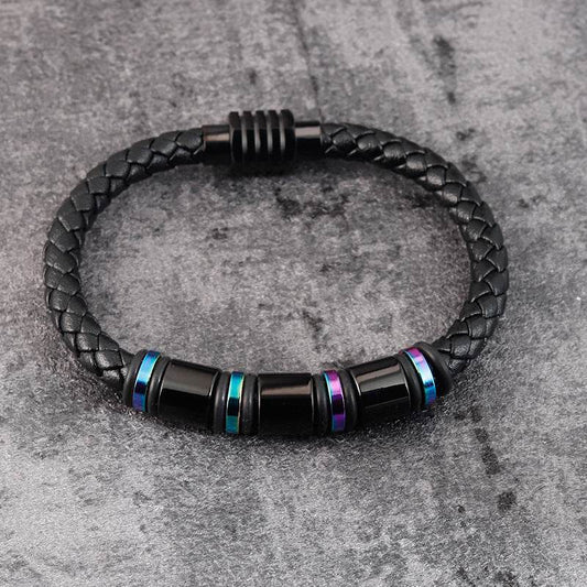 Mens Leather Titanium Steel Simple Bracelet - Mubimart