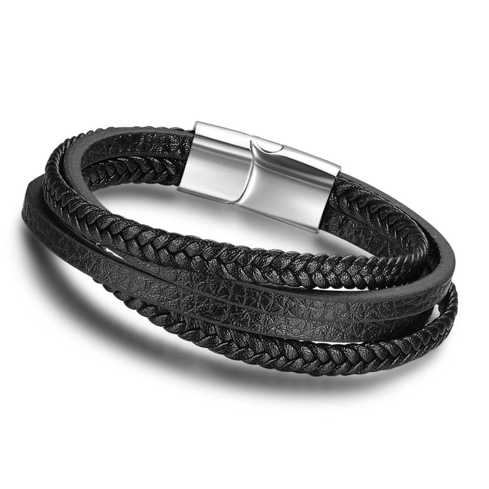 Bracelets & Bangles Men Stainless Steel Leather Bracelets Braided Rope Magnetic Clasp Male Bangles Jewelry New - Mubimart
