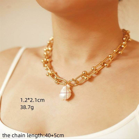 Baroque Pearl Necklace Golden Sweater Chain Women - Mubimart