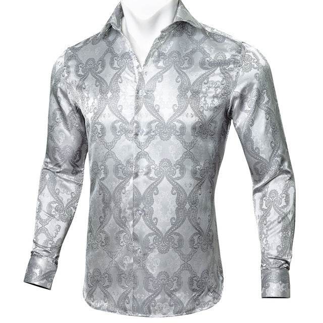 Barry.Wang Teal Paisley Floral Silk Shirts Men Autumn Long Sleeve Casual Flower Shirts For Men Designer Fit Dress Shirt BCY-05 - Mubimart