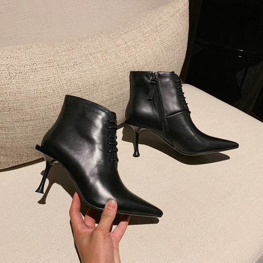 Pointed lace up booties - Mubimart