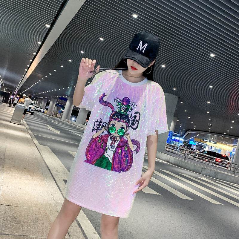 Summer New Plus Size Women's Loose Beaded Sequined T-shirt Dress - Mubimart