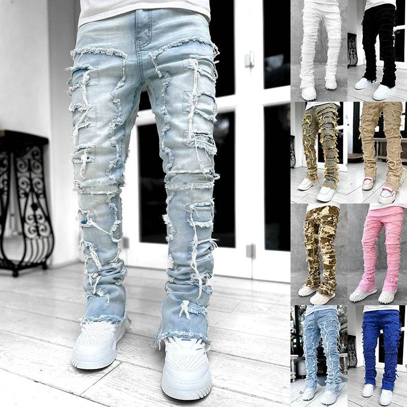 Men Trousers Individual Patched Pants Long Tight Fit Stacked Jeans For Mens Clothing - Mubimart