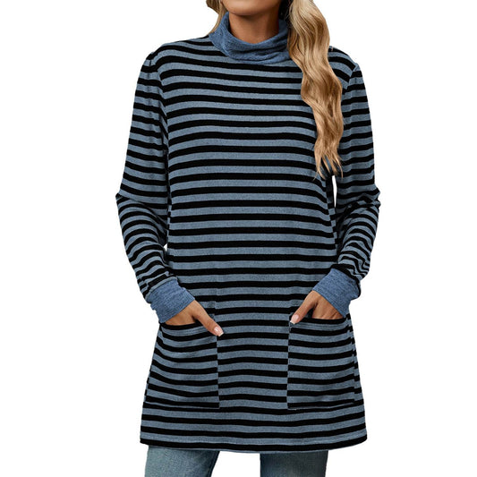 Fashion Striped Print Long Sweatshirt With Pocket Loose Long Sleeve Pullover T-shirt Top For Womens Clothing - Mubimart